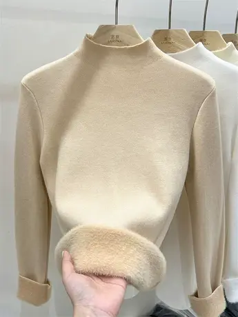 半高领针织毛衣女一体绒秋冬2023新款上衣加绒加厚打底衫女内搭潮商品大图