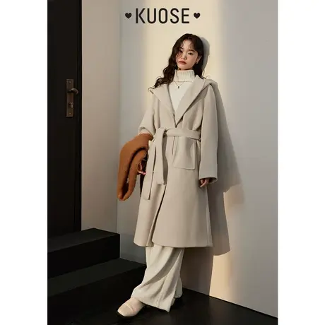 阔色连帽绑带加厚毛呢外套女2023秋冬季新款燕麦色呢子大衣长款商品大图