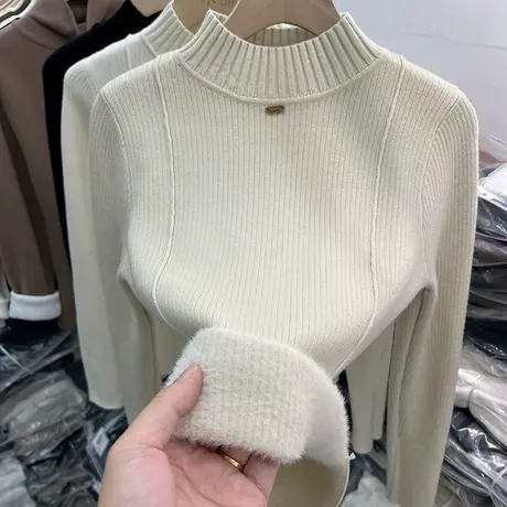 圆弧下摆钉珠加绒加厚针织衫女上衣2023秋冬新款一体绒打底衫毛衣商品大图