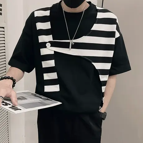 夏季潮牌时尚拼接假两件设计感男短袖上衣t恤发型师半袖体恤衫图片
