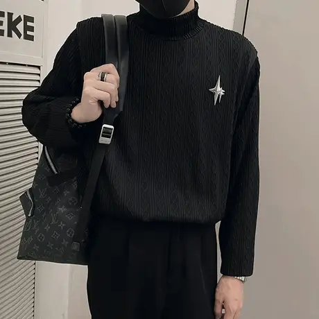 半高领长袖T恤男秋季发型师潮牌男装高级感内搭打底衫宽松INS卫衣商品大图