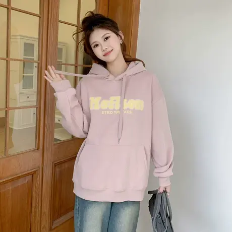 othermix 加绒加厚连帽卫衣女2023秋冬新款宽松休闲字母上衣外套商品大图