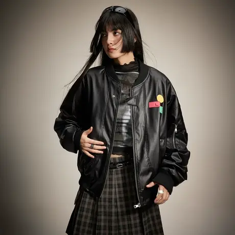 美式街头风潮牌棒球服外套女2024春季新款复古PU皮夹克情侣装上衣图片