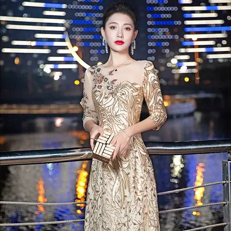 晚礼服女2024新款金色长款高级奢华主持人宴会气质年会轻奢连衣裙图片
