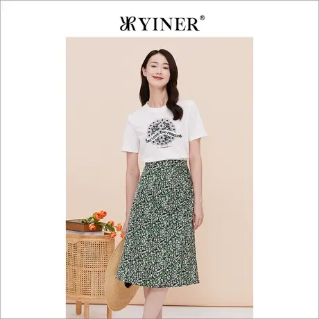 YINER音儿专选女装夏季纯棉针织衫短袖T恤印花白上衣商品大图