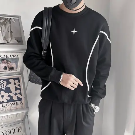 卫衣男春季个性潮流韩版简约休闲拼接刺绣上衣潮牌长袖打底t恤衫商品大图