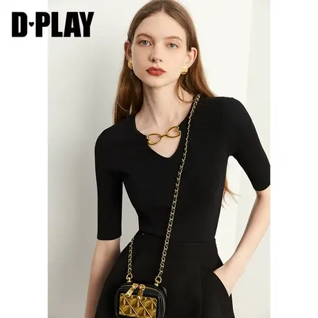 DPLAY春新品简约ins风经典黑色圆领修身针织衫上衣商品大图