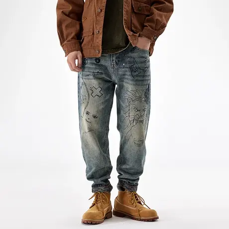 美式涂鸦牛仔裤男宽松直筒休闲潮牌秋冬款锥形男士长裤子2023新款商品大图