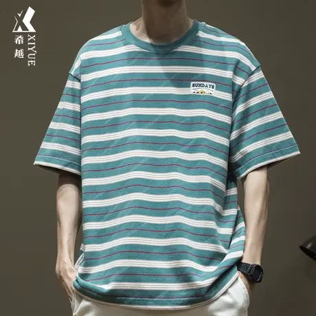 希越纯棉条纹T恤男2024春季新款宽松大码重磅打底衫男士半袖上衣商品大图