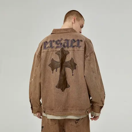 !ER复古十字架字母外套男国潮牌ins百搭休闲情侣牛仔夹克秋季上衣商品大图