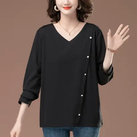 加肥加大码长袖t恤女春季新款宽松中老年妈妈V领遮肚子显瘦打底衫商品大图