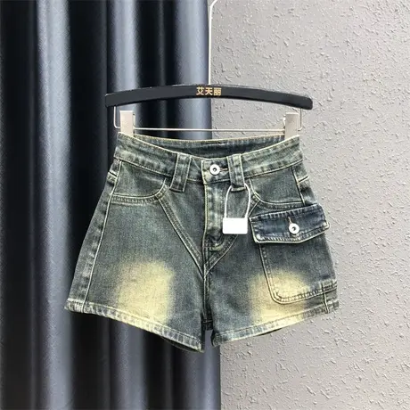 美式复古口袋设计感牛仔热裤女24夏季新款辣妹显瘦a字阔腿裤热裤图片