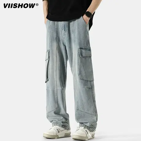 VIISHOW水洗牛仔裤男2024春秋季新款宽松直筒男士休闲工装裤子图片