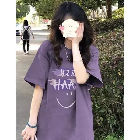 紫色短袖t恤女夏季纯棉小个子美式复古oversize潮牌宽松半袖上衣商品大图