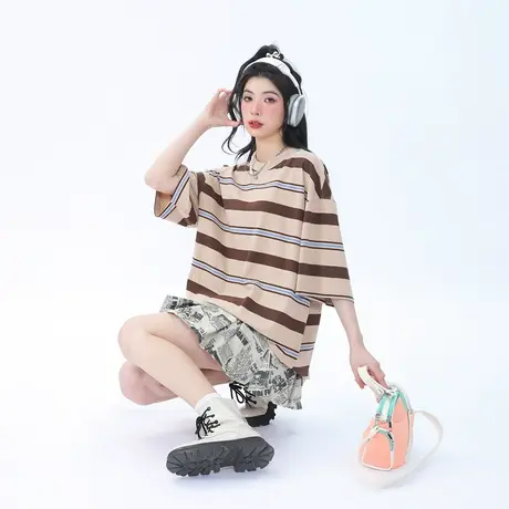 潮牌大版条纹短袖t恤女夏季新款复古宽松oversize情侣装半袖上衣图片
