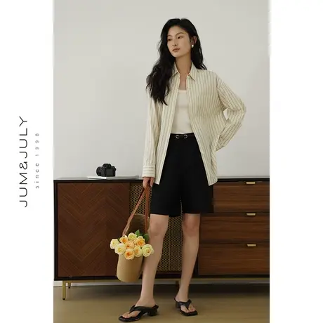嘉茱莉2024春季新款竖条纹衬衫外套女宽松慵懒风上衣翻领女士衬衫图片