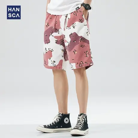 hansca夏季新款迷彩粉色牛仔短裤男潮流时尚嘻哈痞帅休闲五分裤子商品大图