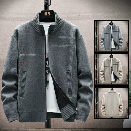 立领夹克外套男2023秋冬季新款加绒加厚潮流帅气休闲针织线衣开衫商品大图