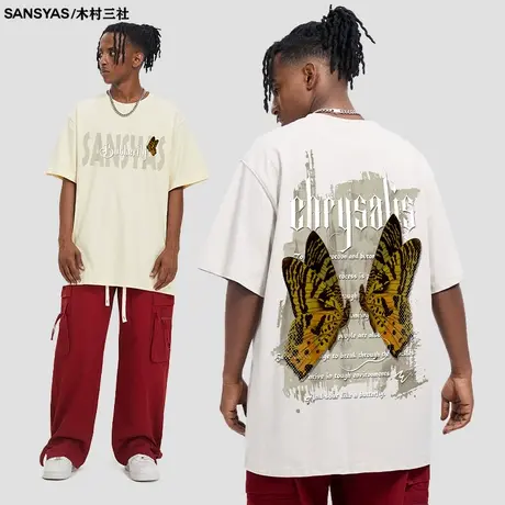 木村三社蝴蝶夏季短袖t恤男纯棉半袖潮牌潮流美式复古印花上衣商品大图