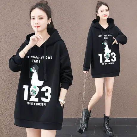 中长款连帽卫衣女春秋2023新款韩版时尚大码女装宽松遮臀卫衣裙子图片