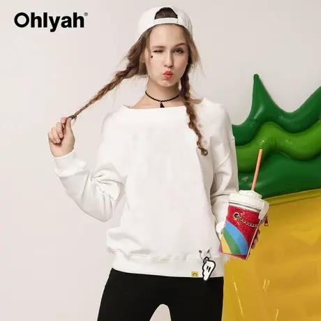 Ohlyah品牌韩版慵懒风女装一字领卫衣短款显瘦宽松上衣大码纯色潮商品大图