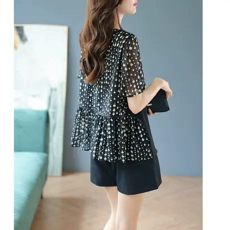 宝诗黎圆领印花拼接雪纺衫女夏季短袖2023年夏季新款休闲小众上衣商品大图