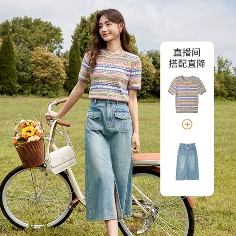 香影【直播间】彩虹条纹针织衫女短袖秋季新款撞色镂空钩花上衣商品大图