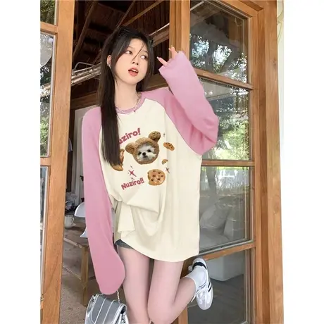 撞色拼接宽松oversize插肩t恤女2023新款秋冬新款打底长袖上衣女商品大图