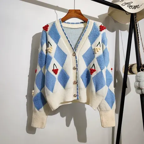 学院风毛衣外套女秋冬新款韩版宽松短款菱形格小众设计感针织开衫商品大图