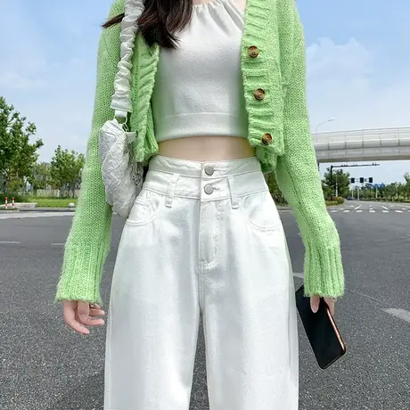 米白色老爹牛仔裤女秋季2023年新款高腰显瘦直筒小个子萝卜哈伦裤商品大图