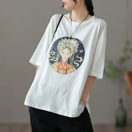 dza文艺复古夏季短款上衣女装休闲短袖t恤女士宽松体恤薄款打底衫商品大图