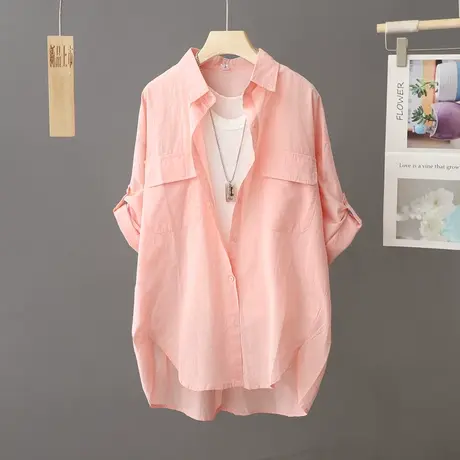 设计感小众粉色纯棉衬衫女薄款夏季中袖上衣五分袖衬衣宽松大码女商品大图