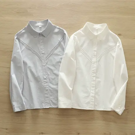 秋装韩版文艺小清新风琴褶纯棉长袖衬衫女学院风简约百搭打底上衣图片