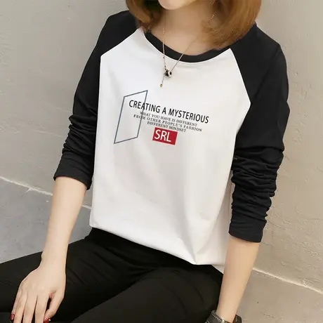 2件69】白色t恤女长袖拼接打底衫2022年春季新款宽松百搭纯棉上衣图片