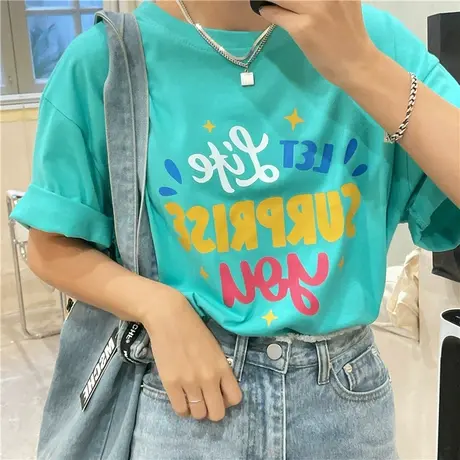 红续原创港风ins潮新款韩版百搭宽松盐系女生设计感纯棉短袖T恤图片