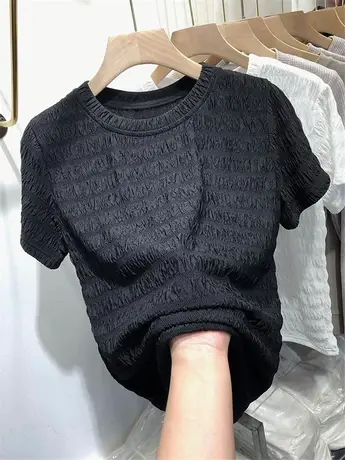 雪纺衫T恤短袖女春季薄款2023新款褶皱别致修身上衣减龄漂亮小衫商品大图