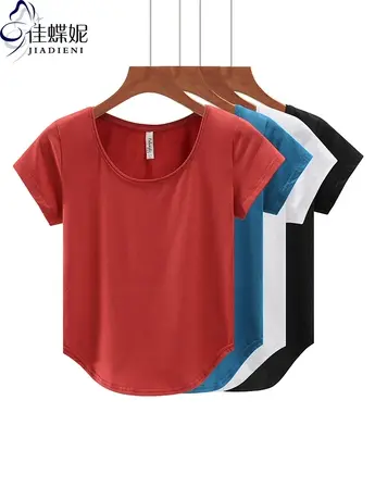 夏季韩版圆领纯棉修身纯色纯欲下摆圆弧内搭打底衫女装短袖T恤商品大图
