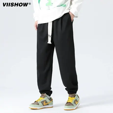 VIISHOW复古纯色华夫格抽绳运动裤男潮牌街头宽松百搭束脚休闲裤商品大图