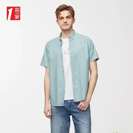 海一家舒适透气短衬2023夏季新款清新小格纹青年男士短袖衬衫商品大图