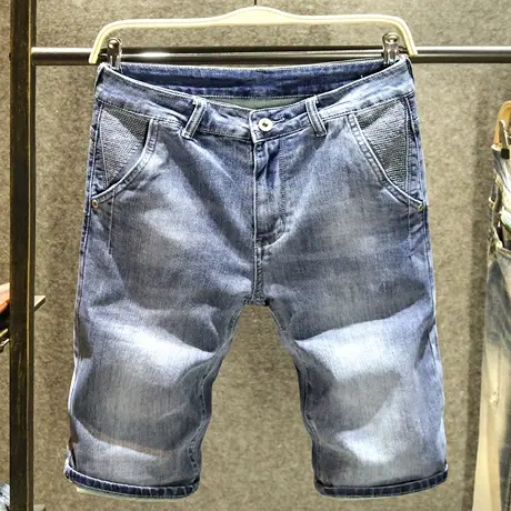 夏季男士牛仔短裤个性斜口袋蓝色中裤2023新款直筒宽松休闲五分裤商品大图