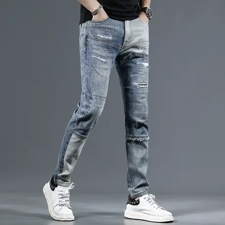 高街破洞牛仔裤男新款夏季修身小脚时尚拼接弹力补丁男士薄款长裤商品大图