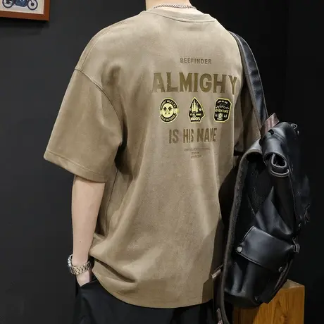 重磅麂皮绒短袖t恤男士夏季宽松胖子大码男装潮牌新款美式体恤男商品大图