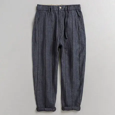 萨法瑞男士薄款九分裤港风潮流裤子亚麻裤男青年男士休闲裤条纹潮图片