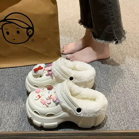 可爱卡通洞洞鞋女外穿厚底2023新款时尚百搭小个子增高包头棉拖鞋商品大图