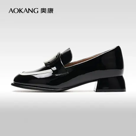 【门店发货】奥康女鞋 2023秋季新款单鞋方头英伦风拼色皮鞋粗跟商品大图