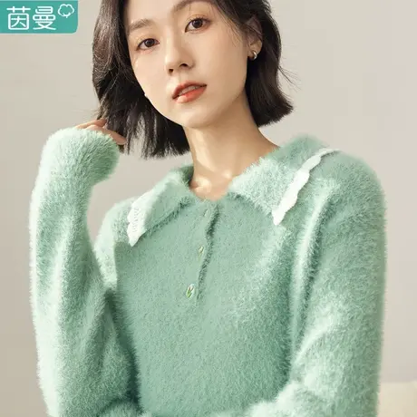 茵曼官方旗舰店女装撞色翻领毛衣女士2022冬季新款宽松毛绒绒上衣商品大图