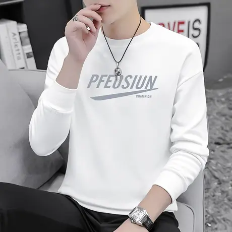 男士卫衣春秋款无帽白色宽松潮流百搭秋冬款保暖加绒加厚长袖t恤商品大图