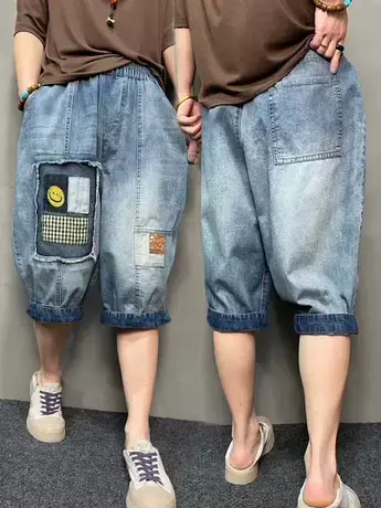 夏季薄款洋气六分牛仔裤女个性撞色贴布刺绣宽松显瘦五分哈伦短裤图片