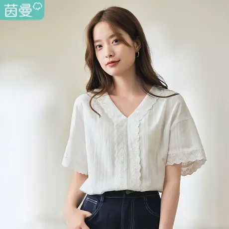 茵曼法式复古短袖薄衬衣女2023年夏季新款宽松蕾丝V领白衬衫上衣商品大图