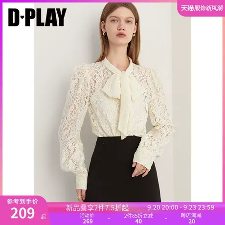 DPLAY2023新法式温柔奶油杏蝴蝶结系带重工高密股线蕾丝衬衫上衣图片